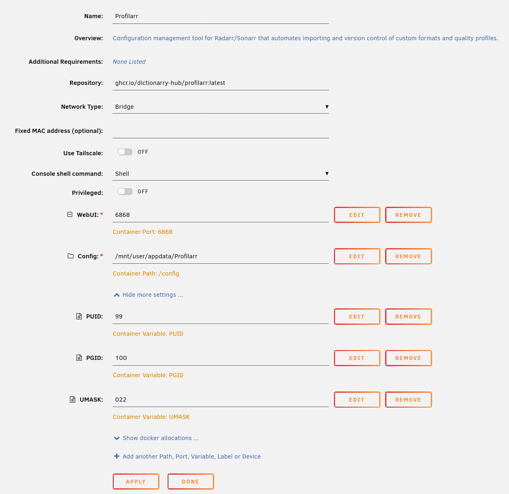The Profilarr container settings in Unraid, with more settings shown